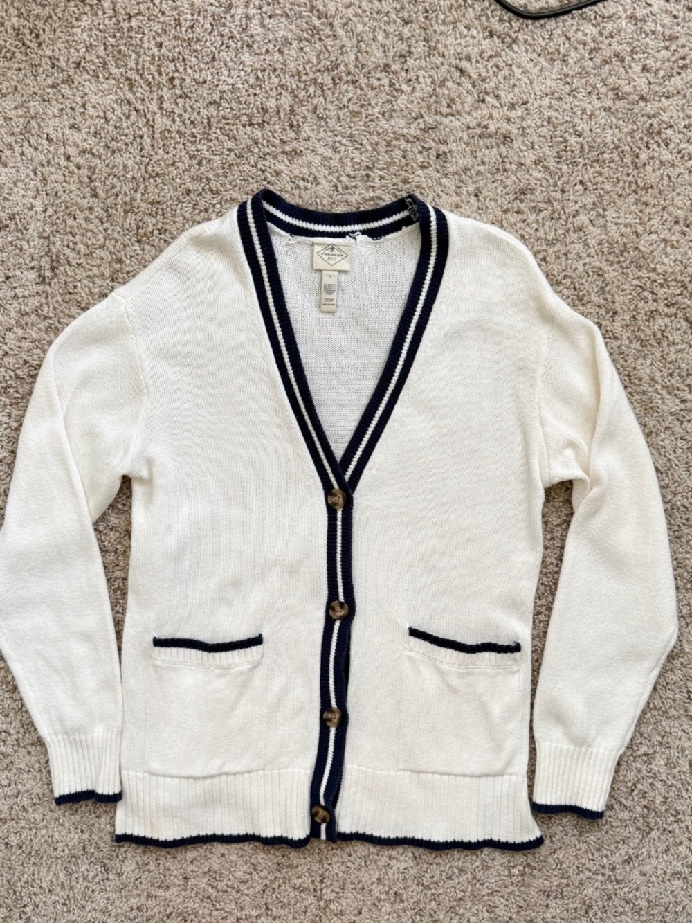 White St. John's Bay White Cardigan with navy blue trim